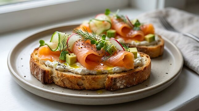 Delicious openfaced sandwiches with smoked salmon and fresh ingredients on toasted bread