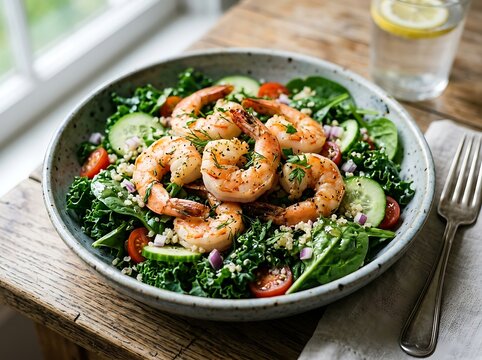 Delicious bowl of healthy shrimp salad with fresh vegetables and grains