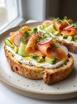Delicious smoked salmon openfaced sandwich with cream cheese avocado and radish on sourdough bread