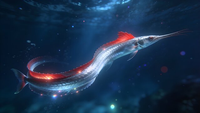 Rare Giant Oarfish Swimming Silver Body Red Crest Deep Blue Ocean Water Column