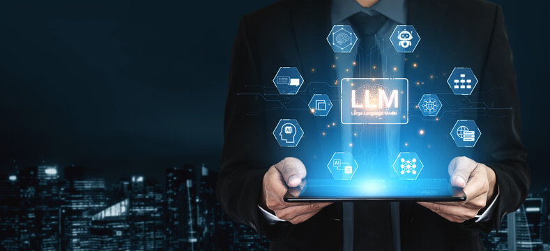 Large Language Model LLM processing data. Represents deep text learning, natural language processing NLP AI tech, transformer architecture, and generative AI deep learning future technology. Corpus