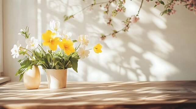 Spring flowers in a vase on a wooden table with sun shadows on the wall
