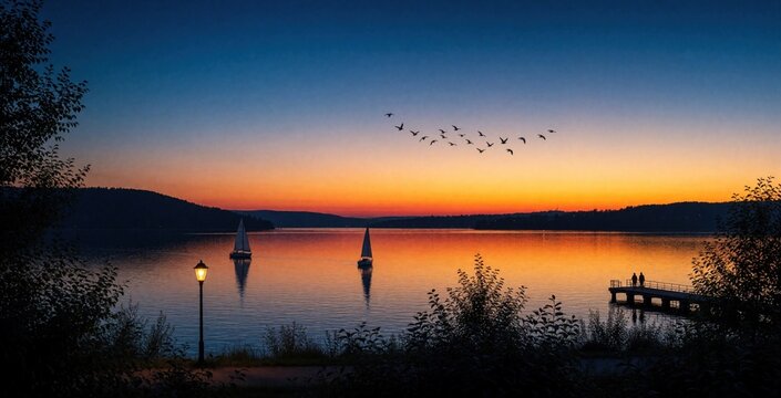 Lipno Lake sunset view in Czech Republic. Sailboats float on calm water surface near wooden pier. Flock of birds flies across orange evening sky. Silhouettes of trees frame peaceful landscape. People