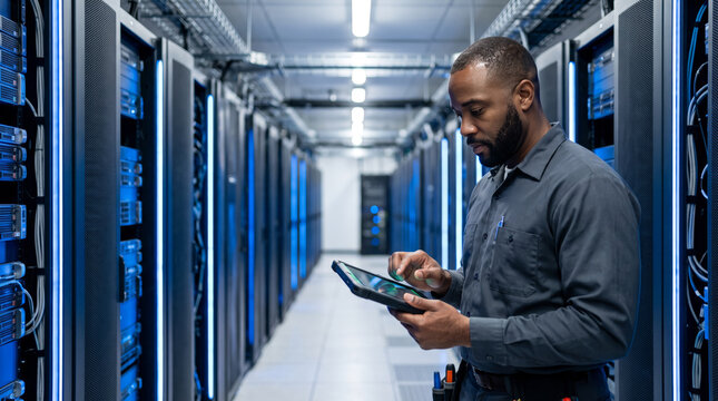 Black, African-American male Data center worker with no badge or anything that could be considered intellectual property reviews a tablet while standing in a long, clinically cool aisle of towering