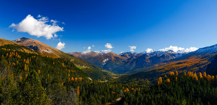 Scenic autumn polarized landscape of Val Mustair in the Grisons Canton, Graubunden, Switzerland, Europe	