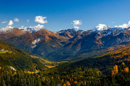 Scenic autumn polarized landscape of Val Mustair in the Grisons Canton, Graubunden, Switzerland, Europe