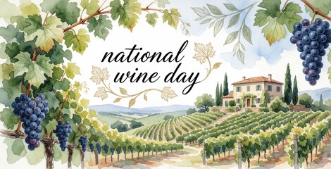 Naklejka premium Watercolor illustration of vineyard landscape with villa building. Bunches of ripe purple grapes hang from vines. Artistic postcard design for National Wine Day celebration. Elegant botanical frame