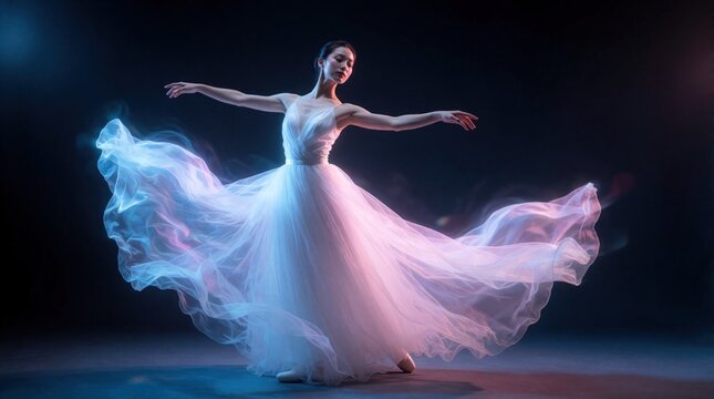 Ballerina in white dress with blue and pink light effects. Female dancer moves gracefully on dark studio background. Elegant ballet performer spins in flowing gown. Motion and poise.