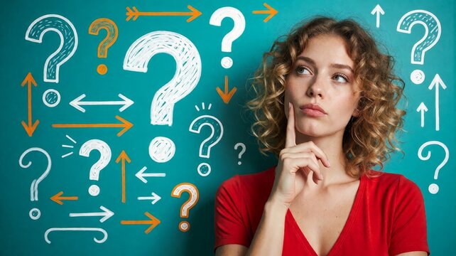 Thoughtful woman with hand on chin surrounded by abstract question marks and directional arrows