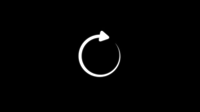 White glowing circular loading arrow icon on dark black background, buffering spinner progress symbol, modern reload refresh icon for UI UX web design and video assets