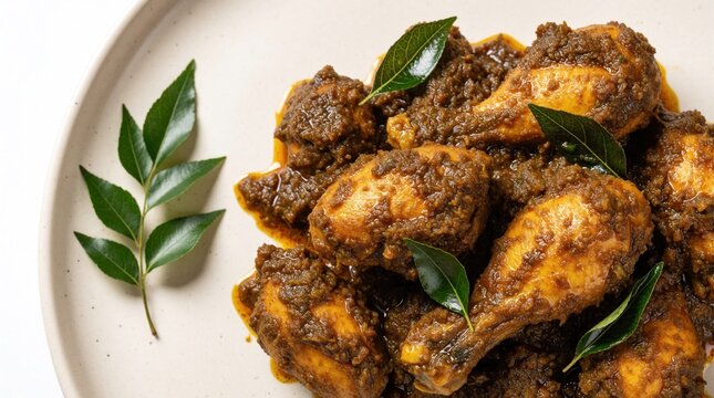 Spicy Chettinad chicken curry served on white plate. Close-up of tender chicken pieces in rich brown gravy with fresh curry leaves. Authentic South Indian cuisine.