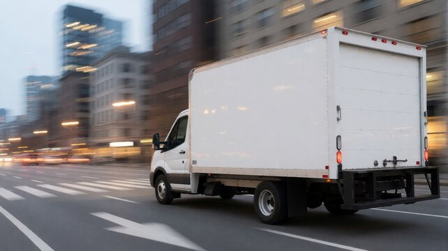 White Box Truck Moving Fast on Urban City Street