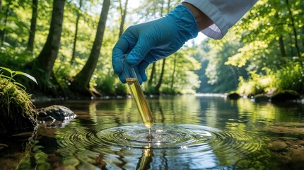 Obraz premium Scientist in blue gloves collects water sample from forest stream in test tube. Person studies nature, river water quality, fresh liquid for research or analysis.