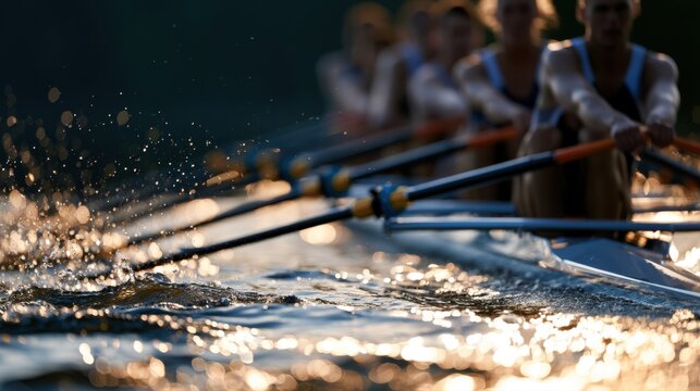 Team of rowers synchronizing their strokes on shimmering water during a dynamic early morning practice session on a calm lake with golden light reflections