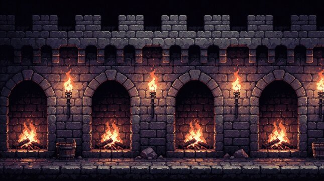 Pixel art dungeon wall with arches, burning torches. Stone bricks construct medieval fortress interior design. Fire flames glow bright in dark castle hallway. Retro arcade game background shows old