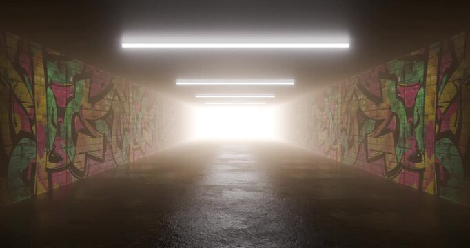 Graffiti tunnel with bright light at the end looping video