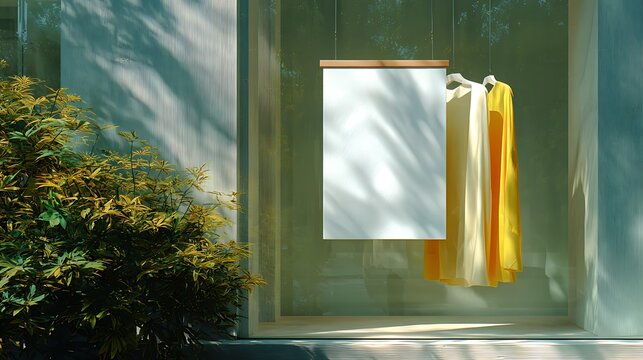 Mockup of a white vertical sign hanging in a clothing store window display