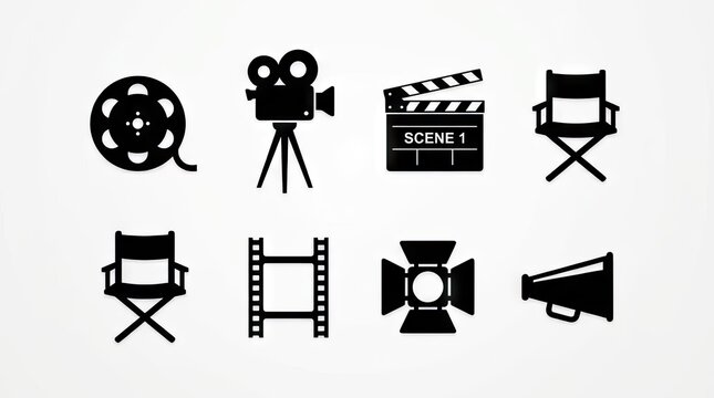 Cinema and film production equipment black icons set.