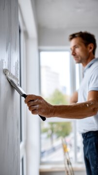 Man applying plaster on interior wall with putty knife during home renovation in bright room with large windows and urban city view background