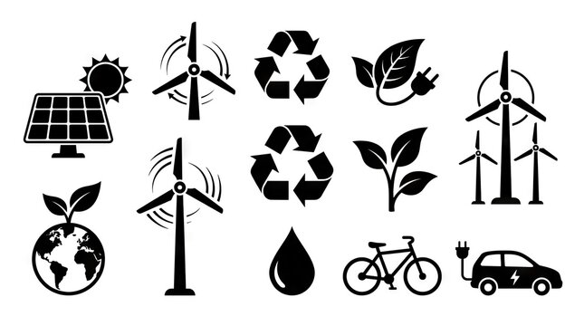Collection of ecology and renewable energy icons black silhouette