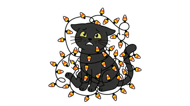 Cartoon illustration of an anxious black cat tangled in string of candy corn lights for halloween transparent background