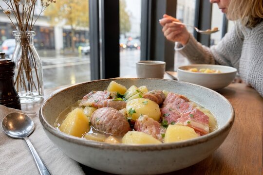Plato de coddle en un restaurante irland&eacute;s en un d&iacute;a fr&iacute;o y lluvioso