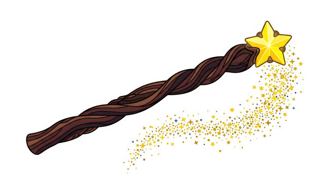 Cartoon magic wand with twisted wooden stick and bright yellow star tip transparent background