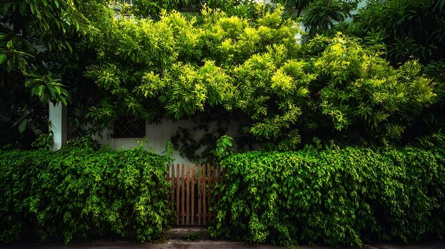 Lush green garden hedge with a small rustic wooden gate