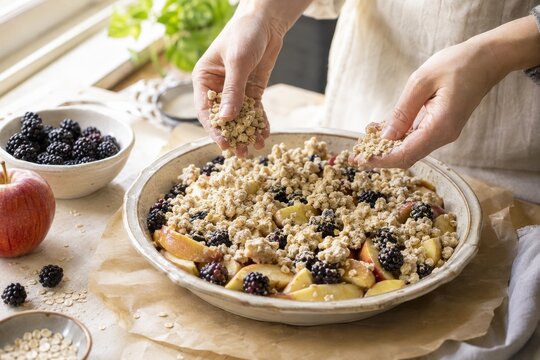 Preparaci&oacute;n de crujiente de manzana con moras en una cocina