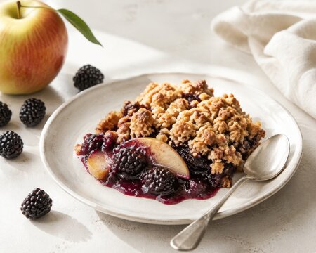 Crumble de manzana y mora servido en un plato con cuchara