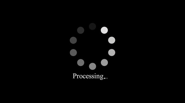 Animated white dot circular loading spinner with Processing text on black background, system data updating indicator, minimal buffering status loader UI UX motion graphic video design element.