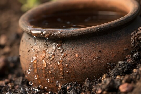 Clay Olla pot shows water seeping through its surface while buried in dark soil in a garden setting