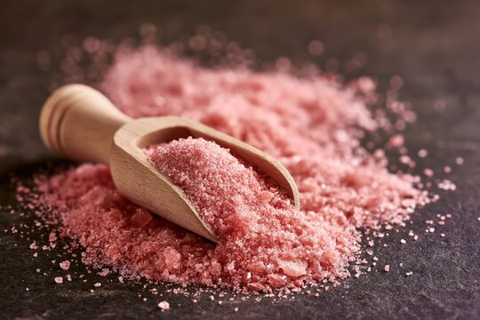 Macro shot of pink potassium fertilizer powder with wooden scoop on dark table