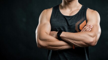 Fototapeta premium Muscular man with strong arms wears black tank top, fitness tracker. Athletic person stands with crossed arms against dark background. Healthy bodybuilder displays toned physique for training