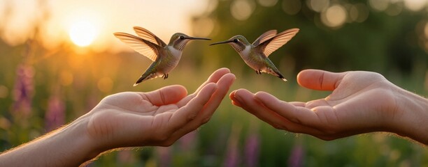 Fototapeta premium Two tiny hummingbirds hover over outstretched human hands at sunset. Gentle interaction between person and wildlife in nature. Trust and connection shown between human and bird.