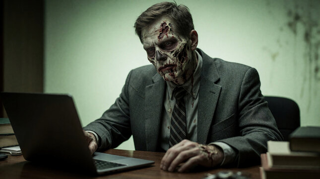 Undead businessman works on laptop at office desk. Corpse with decaying face wears suit, appears tired. Zombie office worker types on computer, studies reports, feels exhausted.