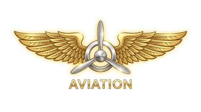 Golden aviation wings emblem with airplane propeller.