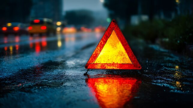 Reflective Red Emergency Warning Triangle on Rainy Asphalt Road at Night