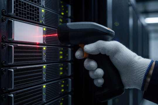 Technician scans server rack with barcode reader device. Person wears white gloves for safety in data center. Checks inventory and equipment details for maintenance.