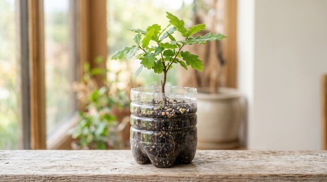 A small oak sapling grows inside a recycled plastic bottle on a rustic wooden table near a window.