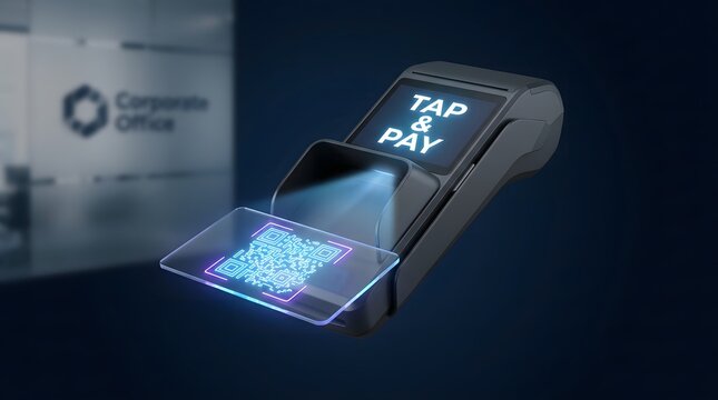 Modern contactless payment terminal showing digital transaction data representing the future of fintech and digital banking for secure financial commerce