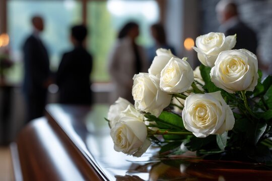 White roses on a polished wooden casket with blurred mourners gathered in the background during an indoor funeral service setting