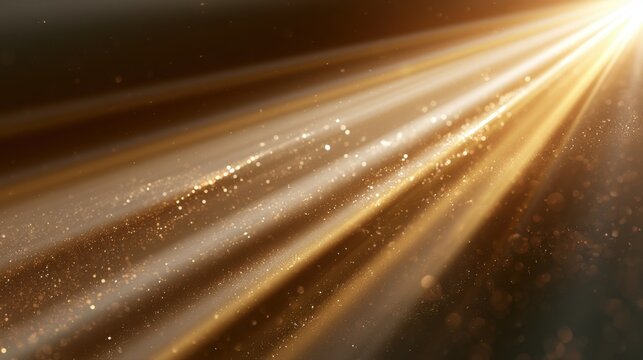 Glowing golden light beams radiating through sparkling floating dust particles creating a warm and magical atmosphere with dynamic bright streaks