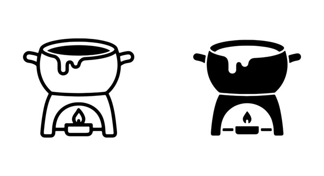 Fondue Pot Icons: Melting Cheese, Warm Candle, Cooking Vessel, Vector Set