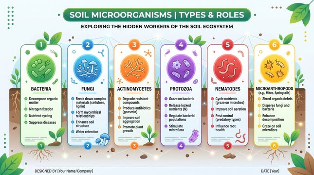 An educational infographic detailing the diverse types and roles of essential soil microorganisms.
