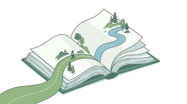 Isometric landscape path and river emerging from open book.