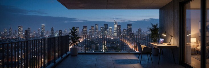Obraz premium Modern balcony workspace with desk, laptop chair overlook city skyline at twilight. Outdoor office area features green plants balustrade railing lights apartment terrace. Calm evening scene urban