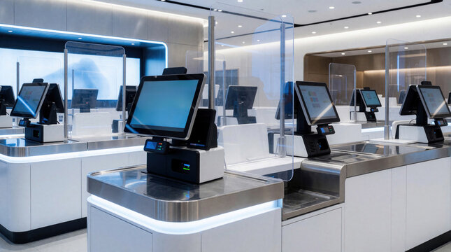 Modern self service checkout counters in clean minimalist store interior. Digital screens with touch interface allow fast customer payment transactions. Advanced retail technology system features