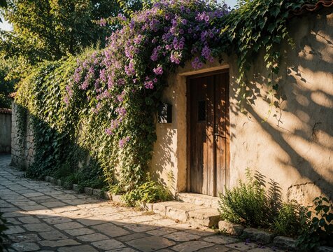 Narrow stone street in old Mediterranean town with vintage wooden door. Sunny alley wall covered by green ivy plants, purple flowers. Path paved with cobblestones leads past historic house exterior.