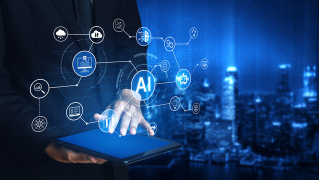 AI network diagram with connected technology icons for digital business. AI platform, analytics, AI automation, AI security for modern enterprise systems. Corpus